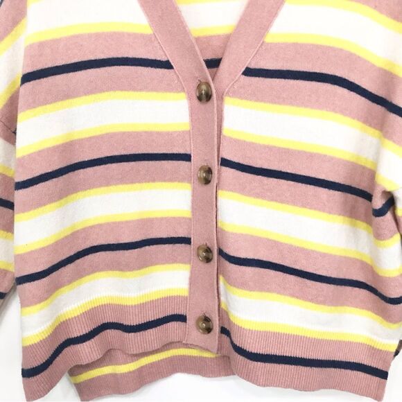 Ann Taylor Pink Navy Yellow Striped Knit Boyfriend Cardigan Sweater - Picture 7 of 16
